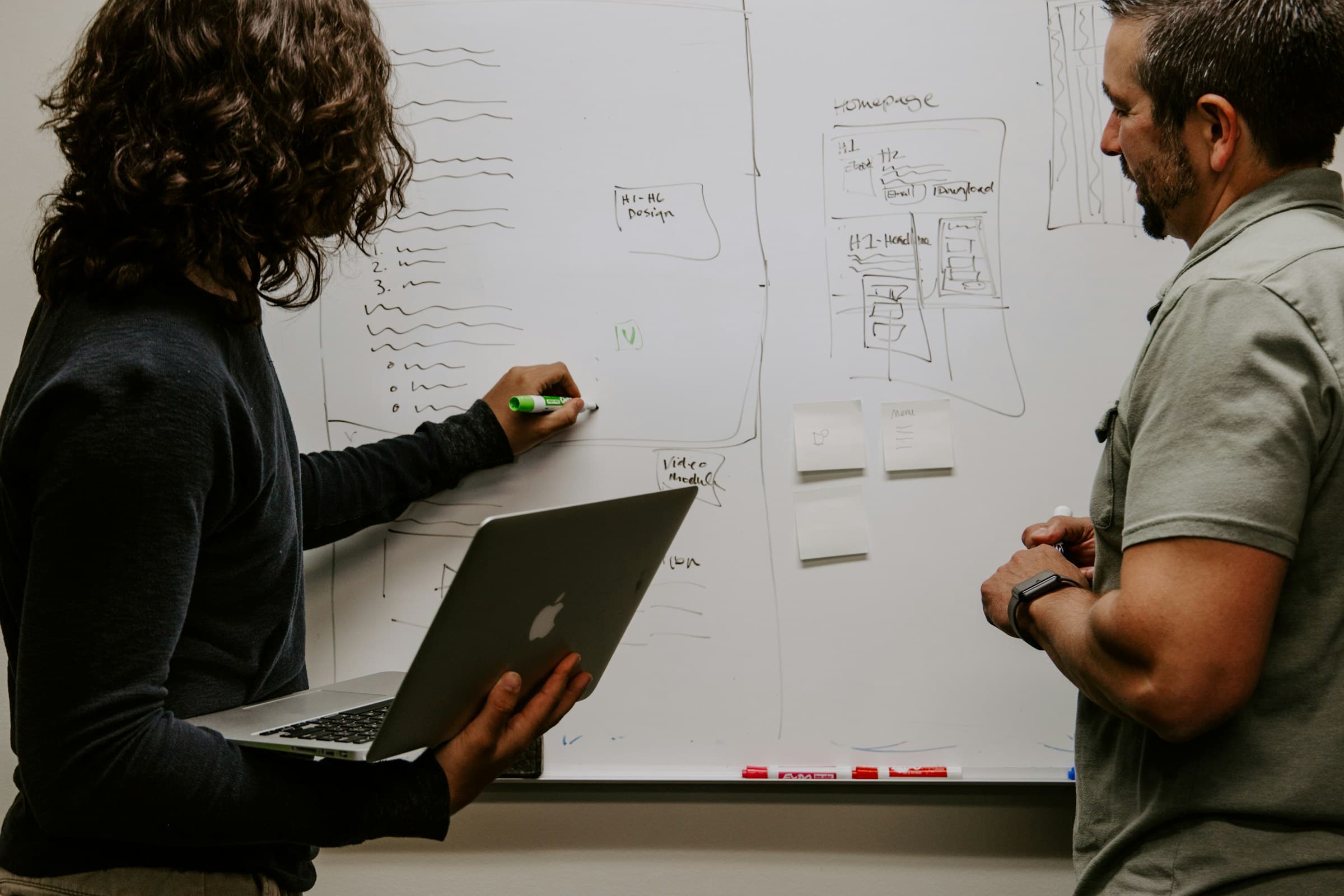 Two advisors mapping out a design at a whiteboard